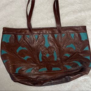 Leaders in Leather tooled brown turquoise leather tote bag with zipper closure